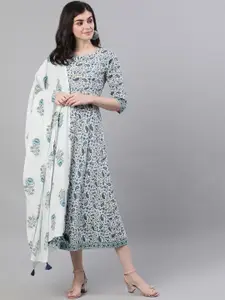 Nayo Women White Printed A-Line Dress With Dupatta