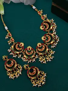 Voylla Gold-Plated Red & Green Enameled Faux Pearl Beaded Tahira Traditional Chandbali Necklace Set
