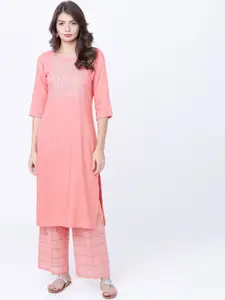 Vishudh Women Coral Pink Yoke Design Straight Kurta