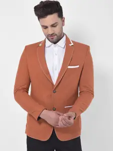 LUXURAZI Men Brown Solid Tailored Fit Single Breasted Blazer