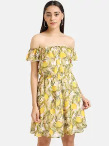 Kazo Women Off-White & Yellow Printed Fit and Flare Dress