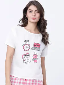 Tokyo Talkies Women White & Pink Printed Lounge Top
