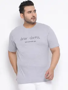 YOLOCLAN Plus Size Men Grey Printed Round Neck T-shirt