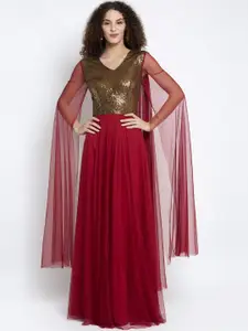 Just Wow Women Maroon Sequin Embellished Maxi Dress