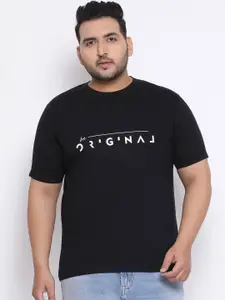 YOLOCLAN Plus Size Men Black Printed Round Neck Cotton T-shirt