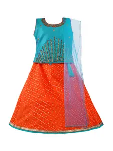 Wish Karo Girls Turquoise Blue & Orange Embroidered Ready to Wear Lehenga & Blouse with Dupatta