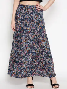People Women Navy Blue & White Printed A-Line Maxi Skirt