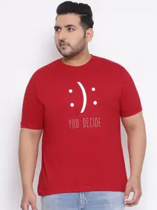 YOLOCLAN Plus Size Men Red Printed Cotton Round Neck T-shirt