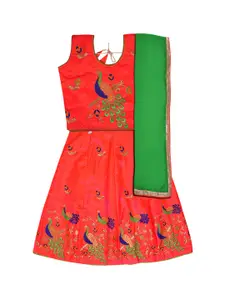 Wish Karo Girls Orange & Green Embroidered Ready to Wear Lehenga Choli With Dupatta