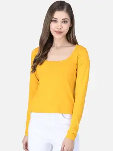 The Dry State Women Yellow Solid Scoop Neck T-shirt