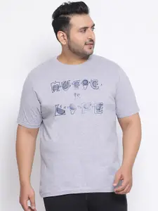YOLOCLAN Plus Size Men Grey Melange & Navy Blue Printed Round Neck T-shirt