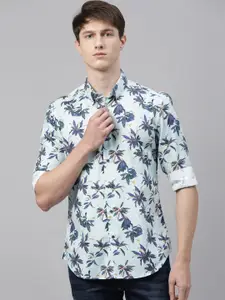 RARE RABBIT Men Turquoise Blue Tailored Fit Floral Printed Casual Shirt