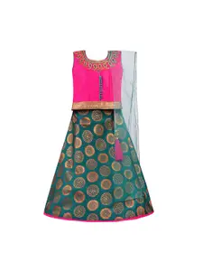 Wish Karo Girls Pink & Green Embroidered Ready to Wear Lehenga & Blouse with Dupatta