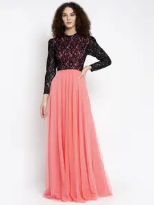 Just Wow Women Pink & Black Lace Maxi Dress