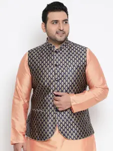 KISAH PLUS Men Black & Gold-Coloured Woven Design Nehru Jacket