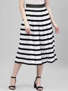 KASSUALLY Women Black & White Striped Pleated A-Line Midi Skirt