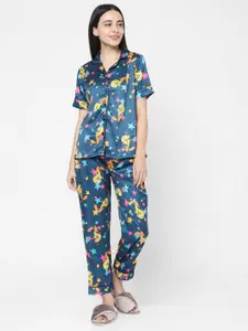 Smarty Pants Women Blue & Yellow Printed Night Suit
