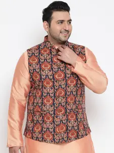 KISAH PLUS Men Navy Blue & Beige Printed Woven Nehru Jacket