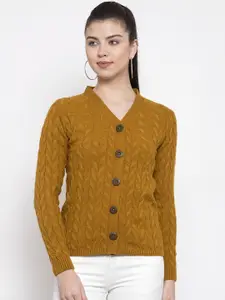 Kalt Women Mustard Yellow Self Design Cardigan Sweater