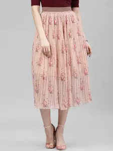 KASSUALLY Pink & Beige Printed Pleated A-Line Midi Skirt
