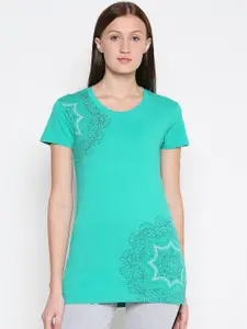 XIN Women Green Printed Round Neck T-shirt