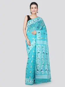 PinkLoom Turquoise Blue Woven Design Jamdani Sustainable Saree