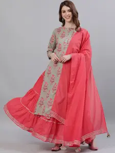 Ishin Women Sea Green & Pink Printed Kurti with Skirt & Dupatta
