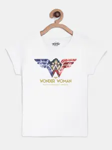 Kids Ville Girls White Wonder Woman Printed Round Neck Pure Cotton T-shirt