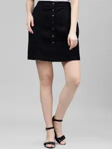 KASSUALLY Women Black Solid A-Line Denim Mini Skirt