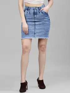 KASSUALLY Women Blue Washed Denim A-Line Mini Skirt