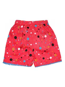 KiddoPanti Girls Coral Pink Printed Regular Fit Regular Shorts