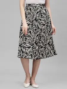 KASSUALLY Women Black & White Printed Pleated A-Line Midi Skirt
