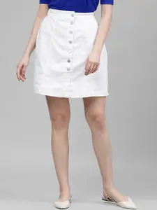 KASSUALLY Women White Solid Washed Denim A-Line Skirt