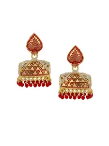 ANIKAS CREATION Red & Gold-Toned Contemporary Jhumkas