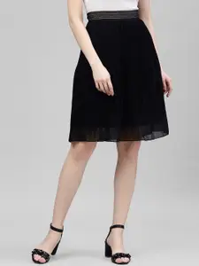 KASSUALLY Black Pleated A-Line Midi Skirt