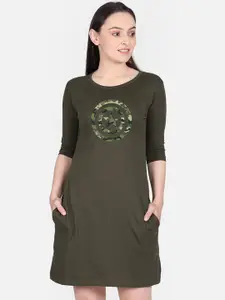 Free Authority Women Olive Green Captain America Printed T-shirt Dress