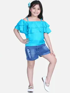 StyleStone Girls Blue Solid Cotton Top with Shorts