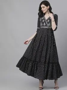 Ishin Women Black Printed Maxi Dress