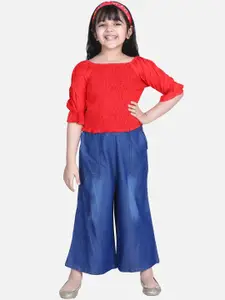 StyleStone Girls Red & Blue Solid Smocked Cotton Top with Denim Culottes