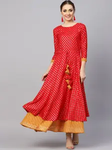 Ishin Women Red Woven Design Kurta with Skirt