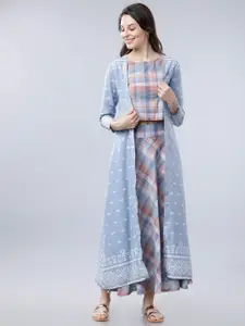 Vishudh Women Blue & White Printed Top with Skirt And Shrug