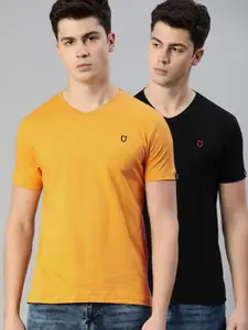 Urbano Fashion Men Mustard Yellow & Black Set of 2 Solid V-Neck T-shirt