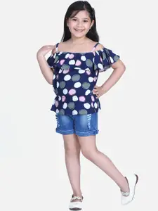 StyleStone Girls Navy Blue Printed Top with Shorts