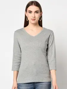 Espresso Women Grey Solid V-Neck Pure Cotton T-shirt