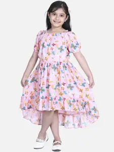 StyleStone Girls Pink Floral Printed Cotton Fit and Flare Dress