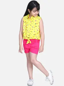 StyleStone Girls Yellow & Pink Printed Top with Shorts
