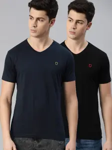 Urbano Fashion Men Navy Blue & Black Set of 2 Solid V-Neck T-shirt