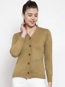 Kalt Women Camel Brown Solid Cardigan Sweater