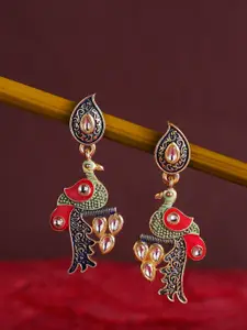 OOMPH Green & Blue Peacock Shaped Meenakari Enamelled with Kundan Drop Earrings