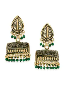 ANIKAS CREATION Green & Gold-Toned Contemporary Jhumkas